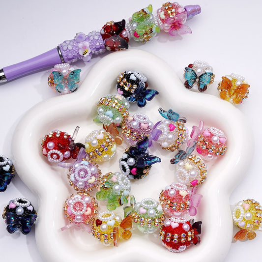 Sugar Butterfly Design with AB Rhinestones & White Pearls Multi-Color Hearts Large Acrylic Beads20MM