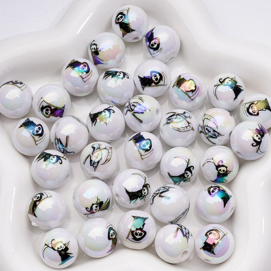 UV Coating Halloween Ghost Death with Sickle Horror Round Acrylic Beads, 16MM, Random Mix