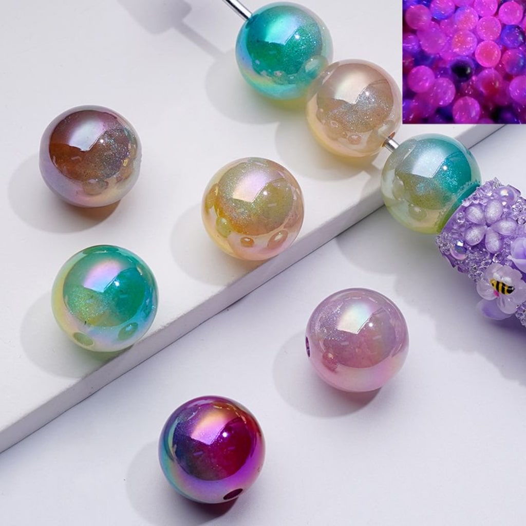 Round Acrylic Beads with UV Coating and Luminous Galaxy Glitter Gloss 16MM