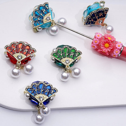 Elegant Gold Vintage Fan Charm with Bling Bling Rhinestones White Pearl Accents Pendants and Clay Beads Approx 30x24mm