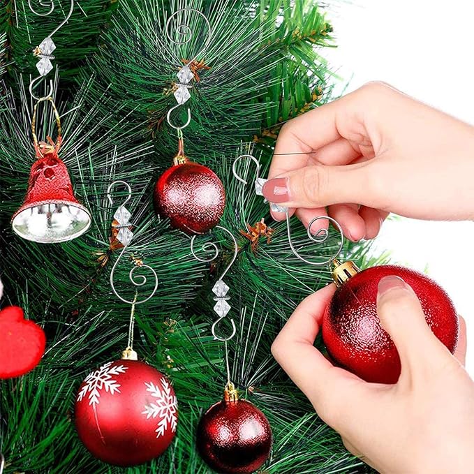 S-Shaped Swirl Hangers Hooks with Metal Silver Clear Crystal Bead for Christmas Ornaments Accessories, Around 72MM Long