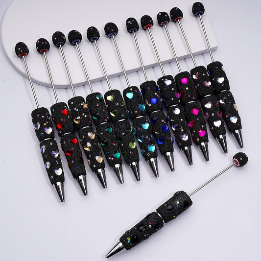 Clay Beadable Pens – Covered in Mini Rhinestones, Shiny Heart Accents & Black Snowball Texture