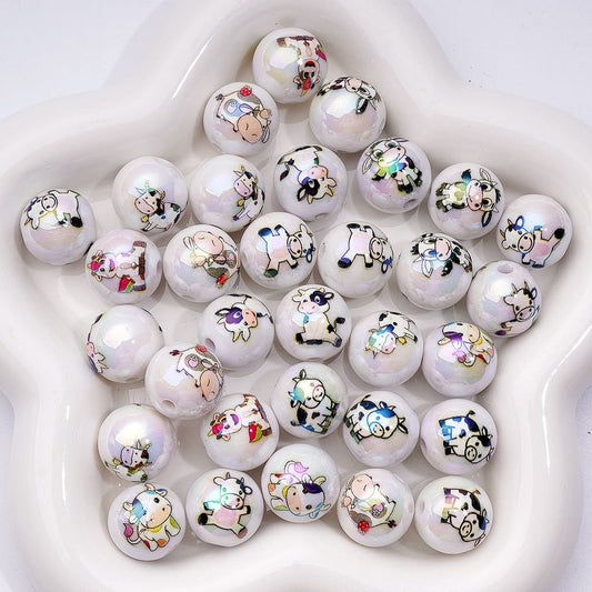 White Round UV Coated Set with Playful Cow Theme Round 16MM, Acrylic Beads, Random Mix