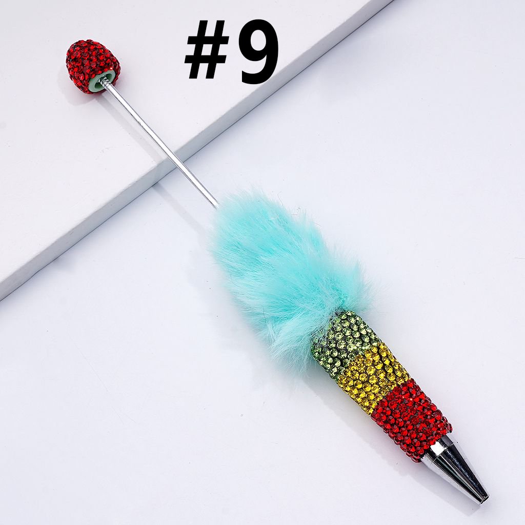 Pom Pom Beadable Clay Pens Covered with Shiny Green Yellow Red Rhinestones Along the Entire Pen