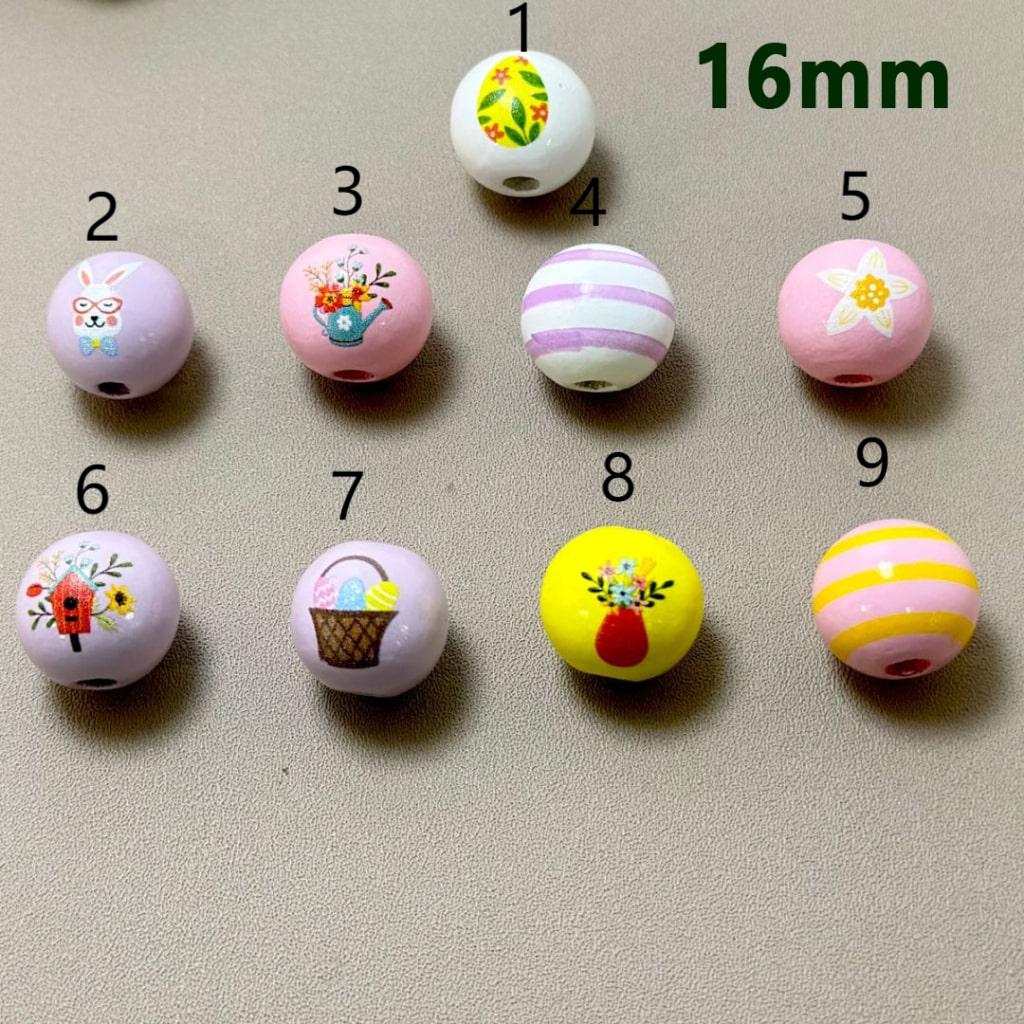Colorful Flowers Easter Series Rabbits Eggs Bunnies Round Wooden Beads, 16MM, Please Read the Description