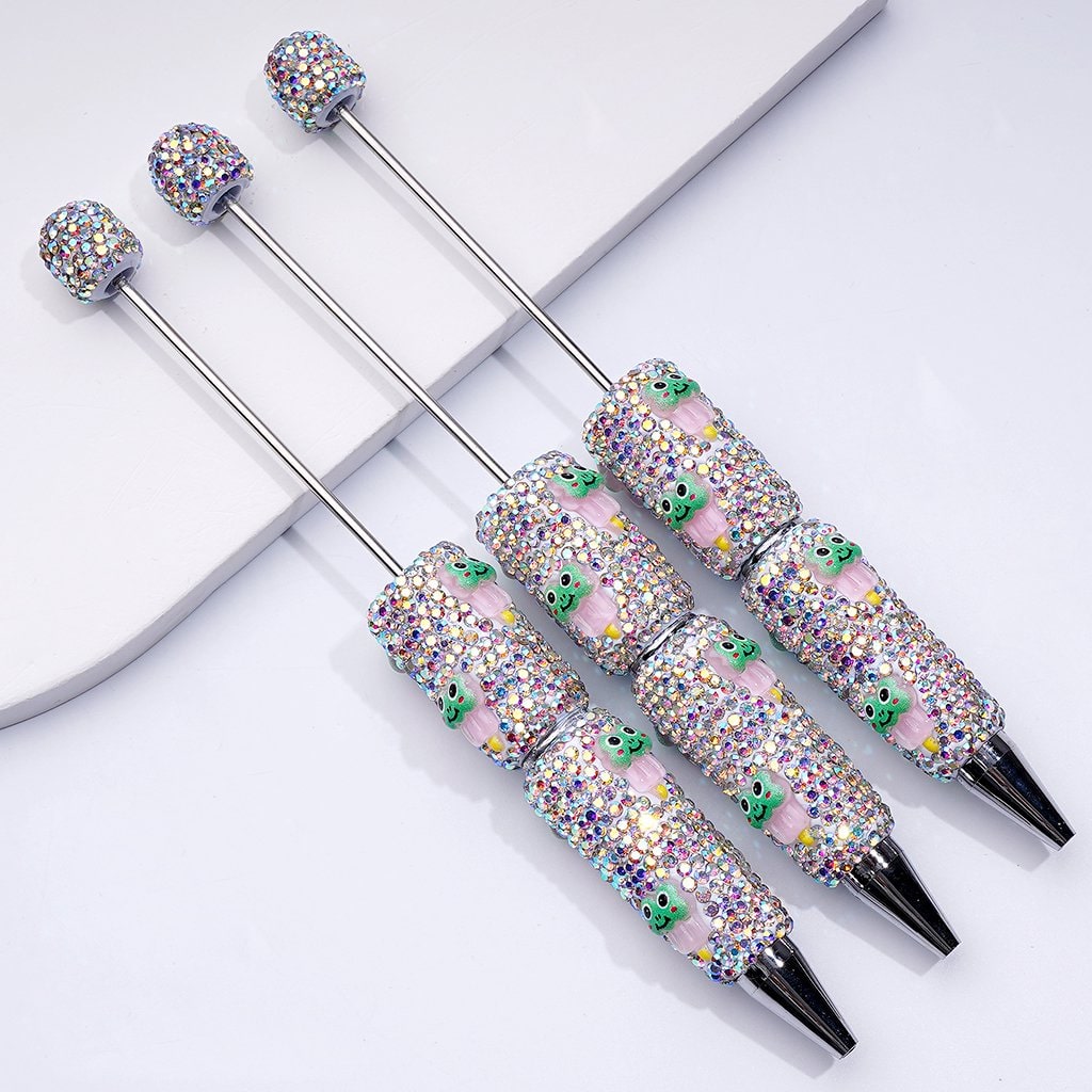 Beadable Clay Pens with Adorable Green Frog Holding Sweet Ice Cream Stick & AB Rhinestone Full Coverage