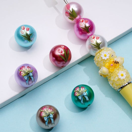 Glossy Shiny Tulips Design Flowers Round Acrylic Beads, 16MM, Random Mix