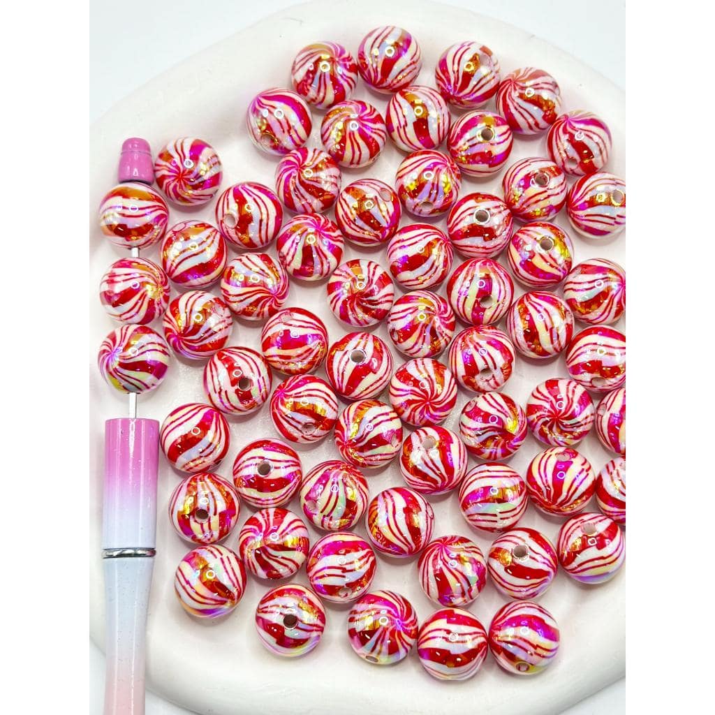 Colorful Striped Lines  Christmas Red and Green Round Acrylic Beads,  Random Mix,16MM