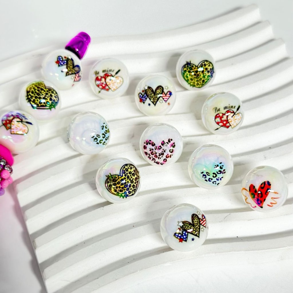 Adorable Jaguar Prints Hearts Arrow Be Mine White UV Finish Round Acrylic Beads, Random Mix, 16MM