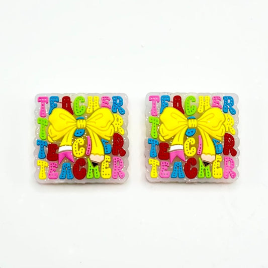 Yellow Pencil Bowknot Colorful Teacher Glittery Silicone Focal Beads