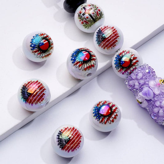 USA America National Flag UV Coating Patriotism Sunflowers White Round Acrylic Beads, 16MM, Random Mix