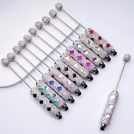 Beadable Clay Stylus Pens Adorned with Vibrant Four-Petal Flowers & Dazzling AB Rhinestones