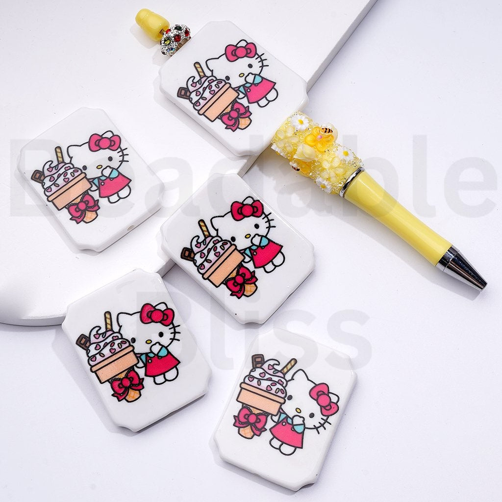 Cute Cat Character with Blue Wings Ice Cream Drives a Car Unicorn Balloons Adorable Character Rectangle Flat Acrylic Beads, Around 45*35MM