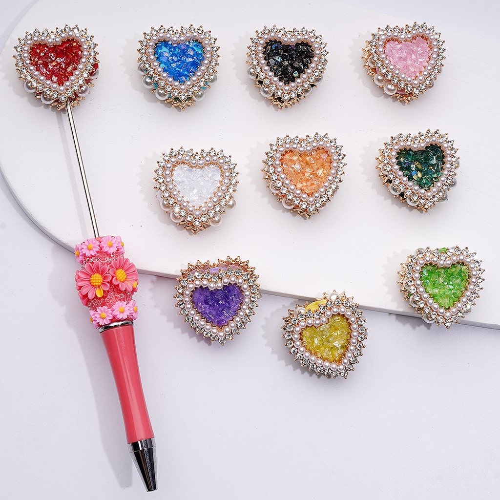 Shiny Rhinestones White Pearls Bling Bling Fancy Gold Alloy Heart with Mini Stones Rocks Clay Beads, Around 28*28*13MM