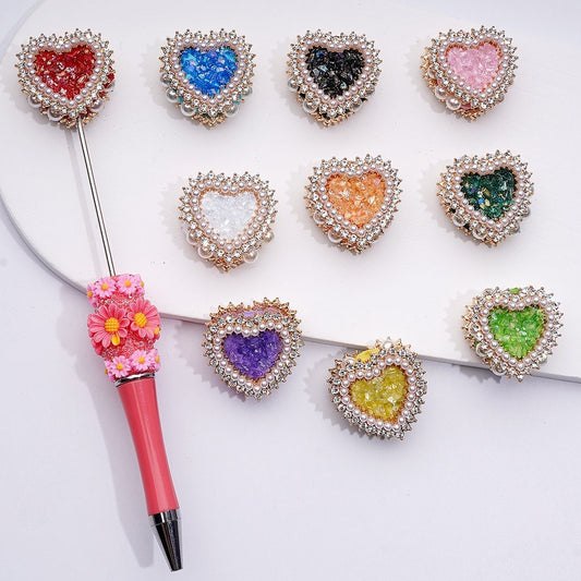 Shiny Rhinestones White Pearls Bling Bling Fancy Gold Alloy Heart with Mini Stones Rocks Clay Beads, Around 28*28*13MM