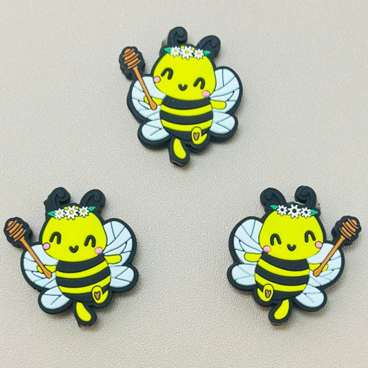 Bees Hold a Small Stick Cute Yellow  Silicone Focal Beads