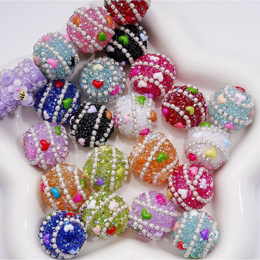Cute Hearts Multi-Color White Pearls Chains Shiny Cone Shape Rhinestones Acrylic Beads, 20MM