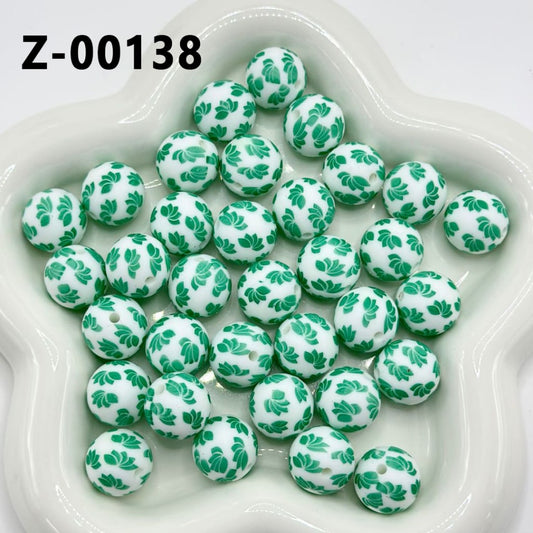 Round Printed Green Tree Leaves White Silicone Beads 15mm, Number Z-00138