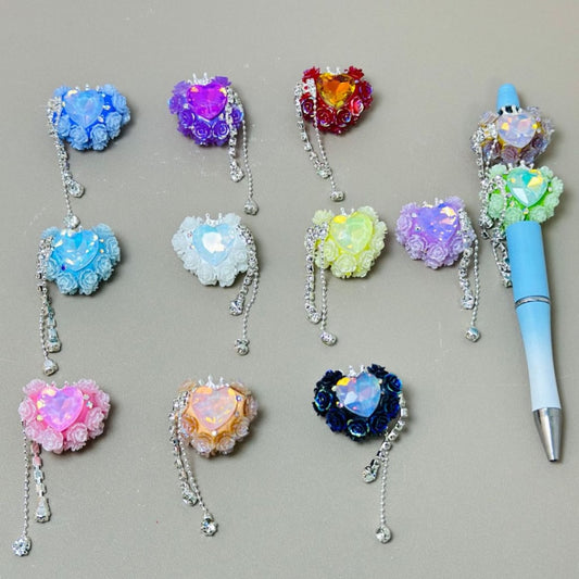 Heart Shape Bling Bling Clay Beads with Silver Alloy Crown, Clear Rhinestones Chain, AB Rhinestones, Mini Flowers, and Heart Diamond Around 28*23MM Please Read the Description