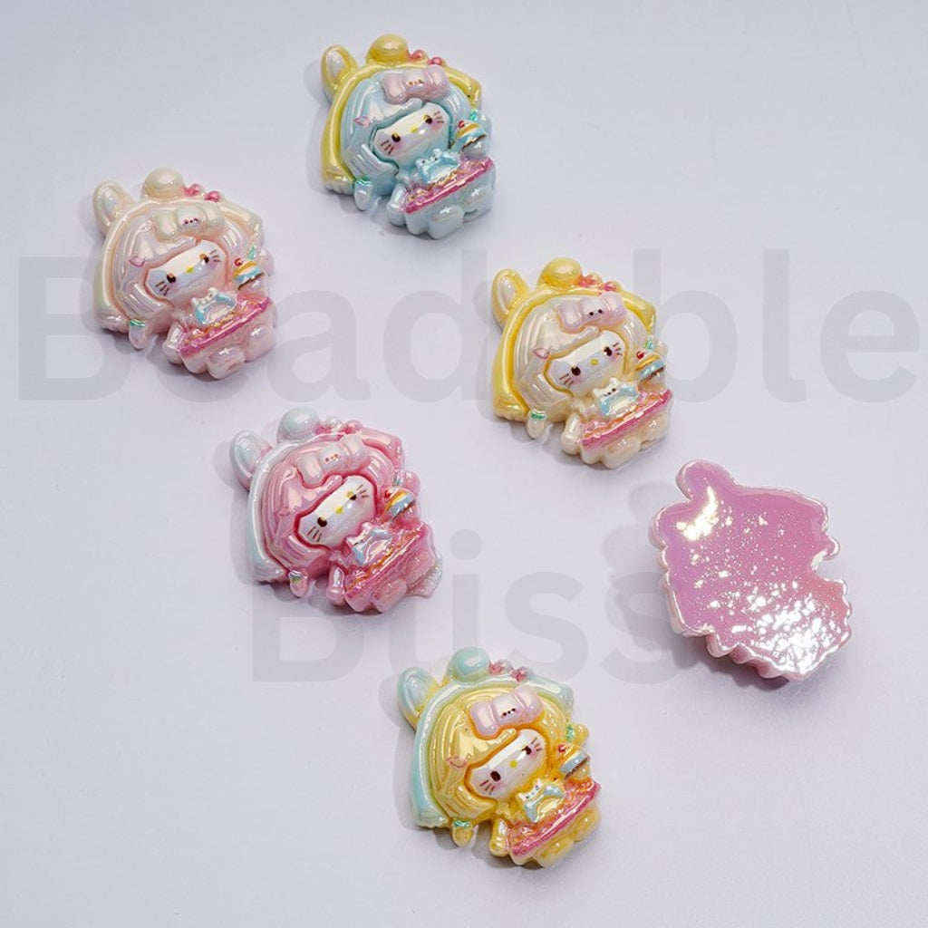 UV Coating Vivid Adorable Cute Cat Character with Long Hair Dress Hair Band Girl Holds Ice Cream Acrylic Beads, Around 28*23MM, Random Mix