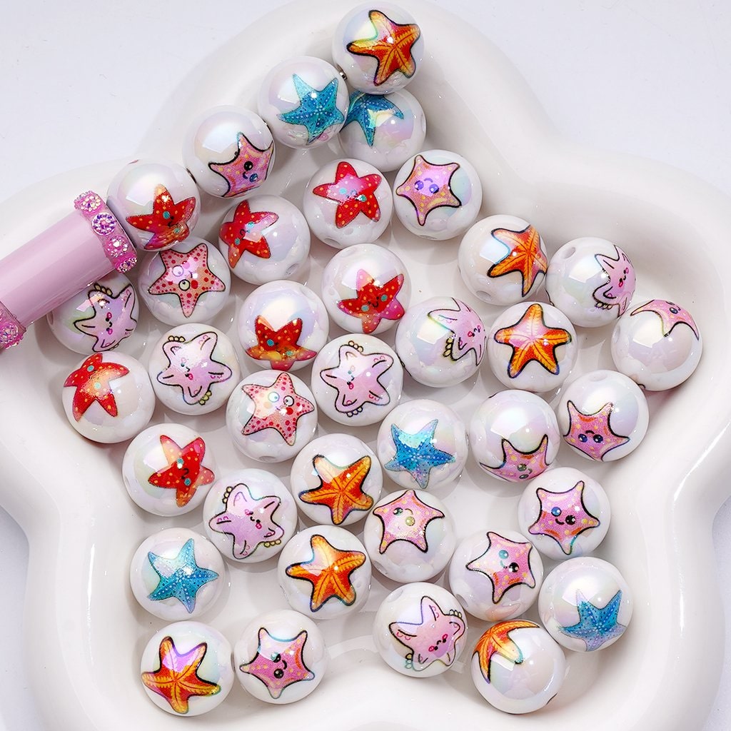 UV Coating Acrylic Beads Marine Life Theme with Starfish & Ocean Creatures, Mixed Set, 16MM