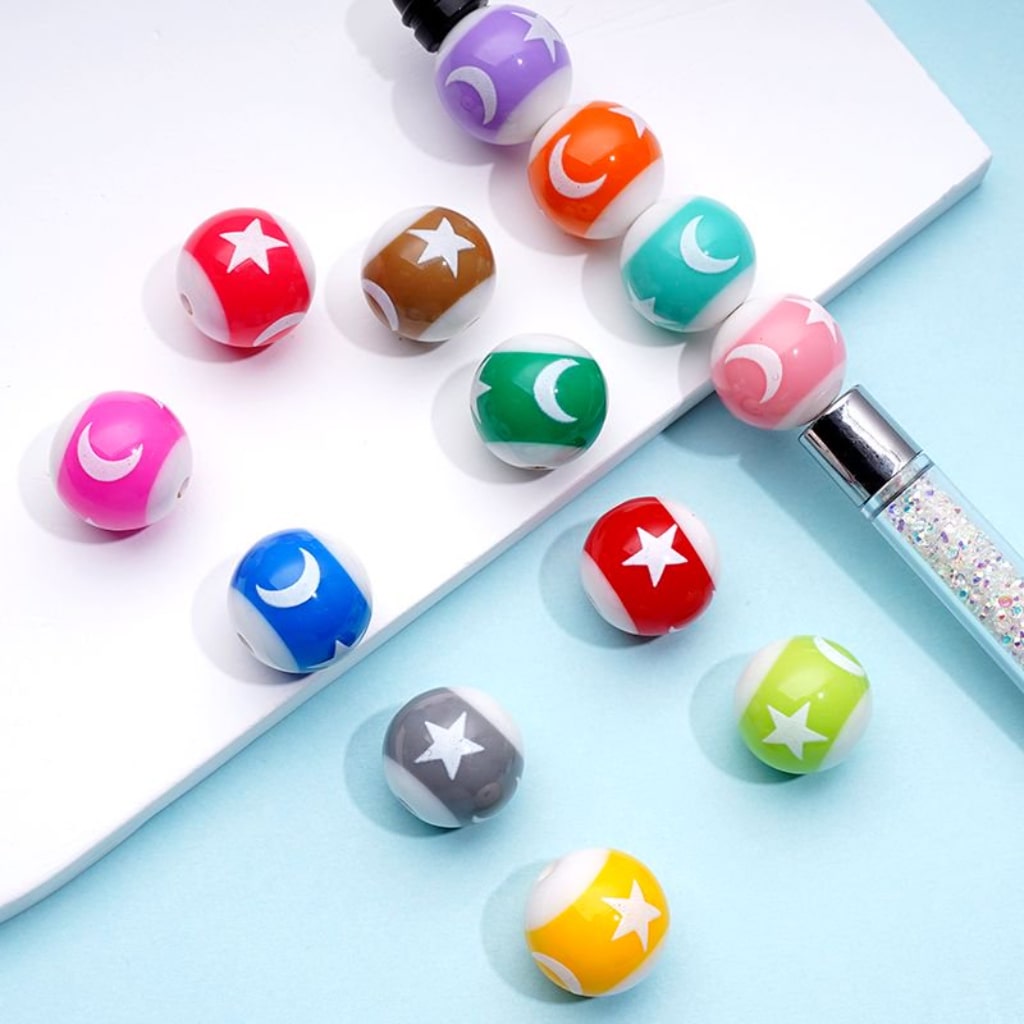 Moon Five-Pointed Star Colorful Crescent Round Acrylic Beads, Random Mix, 16MM
