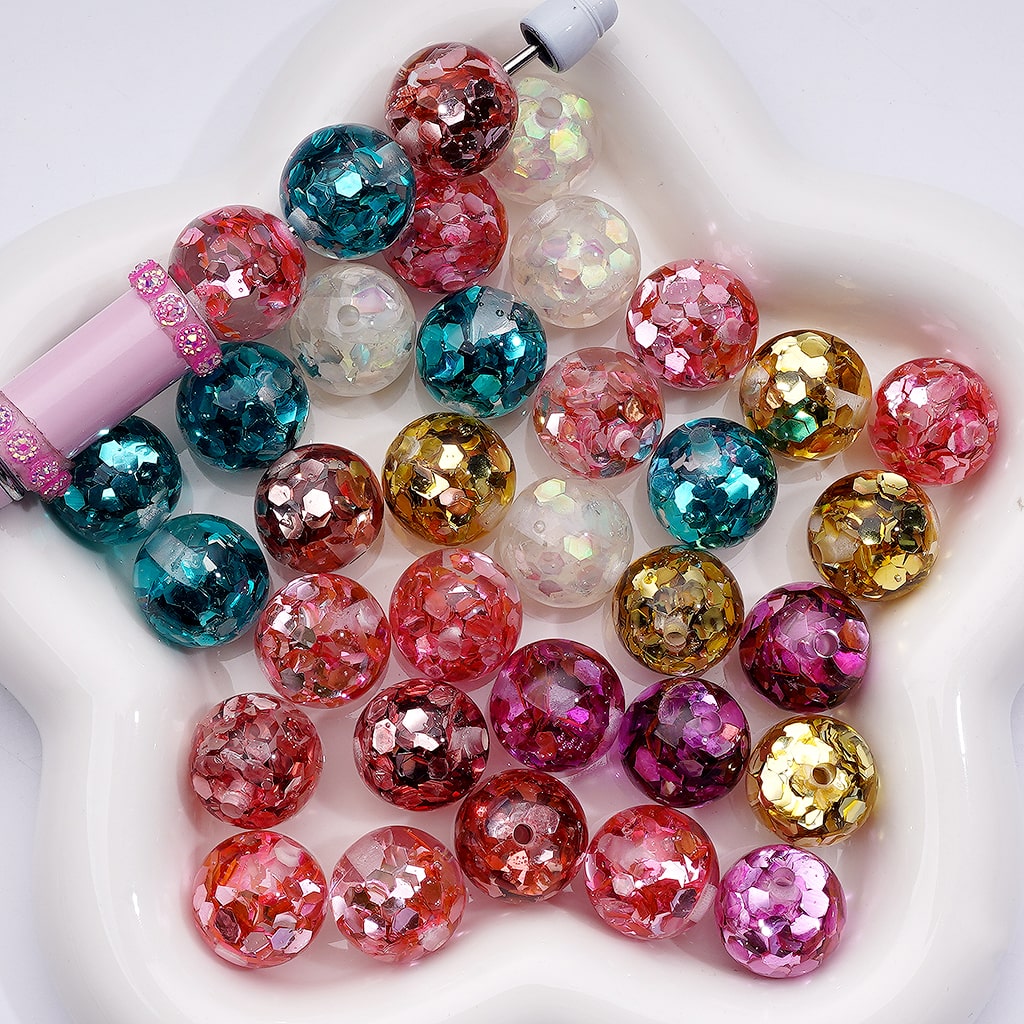 Translucent Acrylic Beads with Iridescent Hexagon Flakes Multi-Color Round Mix, 16MM