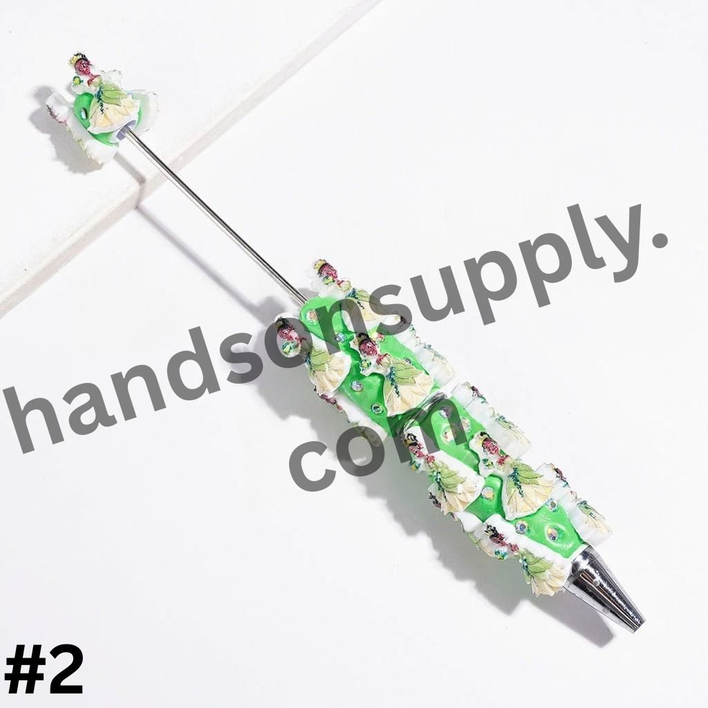 Classic Royal Princess in Green & Yellow Formal Dress Holding Frog Beadable Clay Pen, White & Green Pen Base