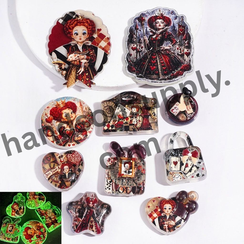 Luminous Dark Gothic Queen & Poker Playing Card Suit Print Acrylic Beads & Pendants, Red Series, Random Mix