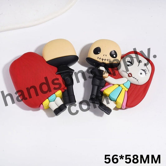 Spooky Halloween Skull Skeleton Couple Cartoon Character No-Hole Soft PVC Rubber Figurine, 56*58MM