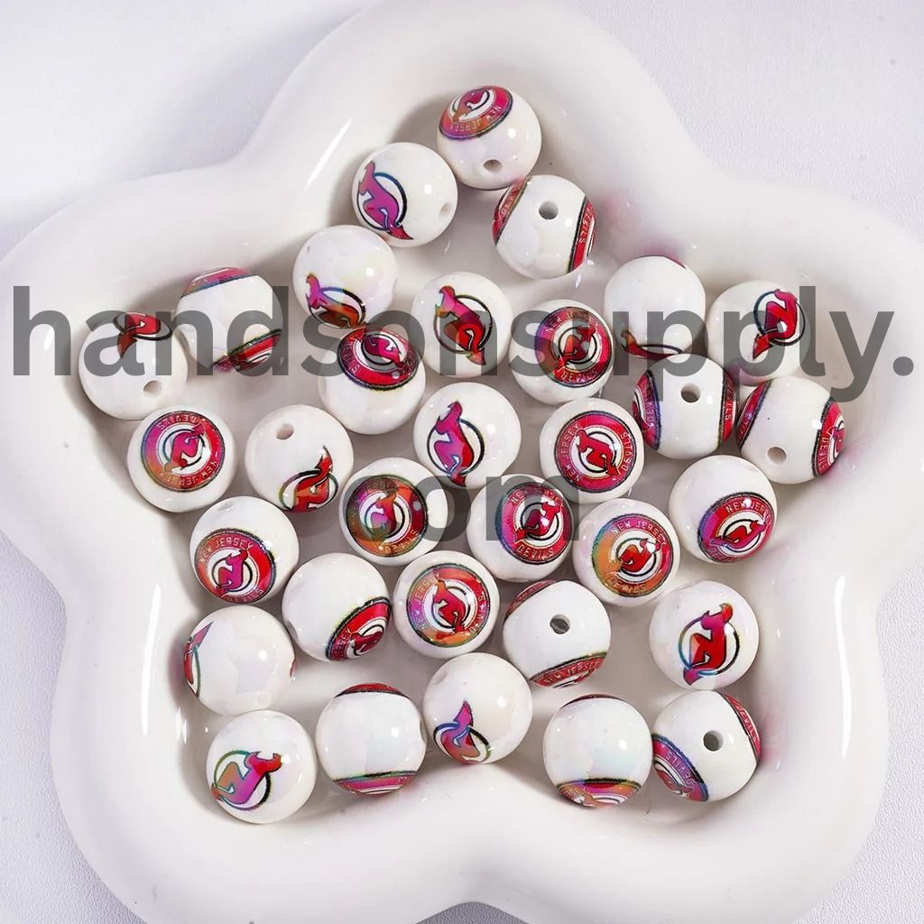 Round UV Coating Ice Hockey Team Pattern Acrylic Beads for Bracelets, 16MM