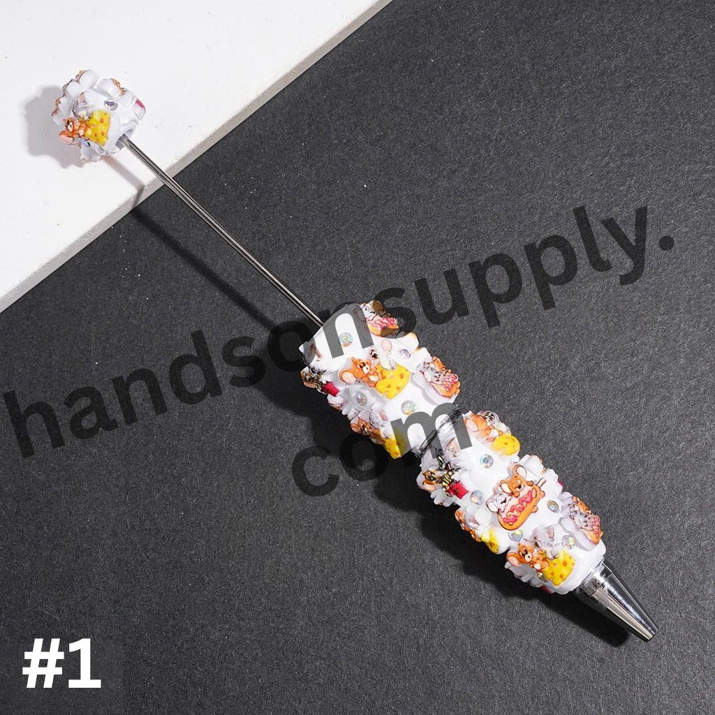 Playful Cat and Mouse Food Character Series with Sparkling AB Rhinestones Beadable Clay Pen