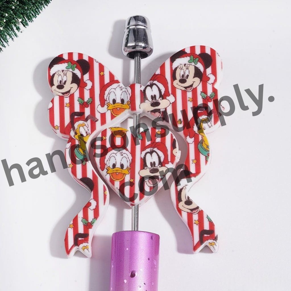 Merry Red & White Stripe Christmas Mouse & Duck Character Design Bowtie & Heart-Shaped Silicone Focal Beads Collection Set, 45*52MM