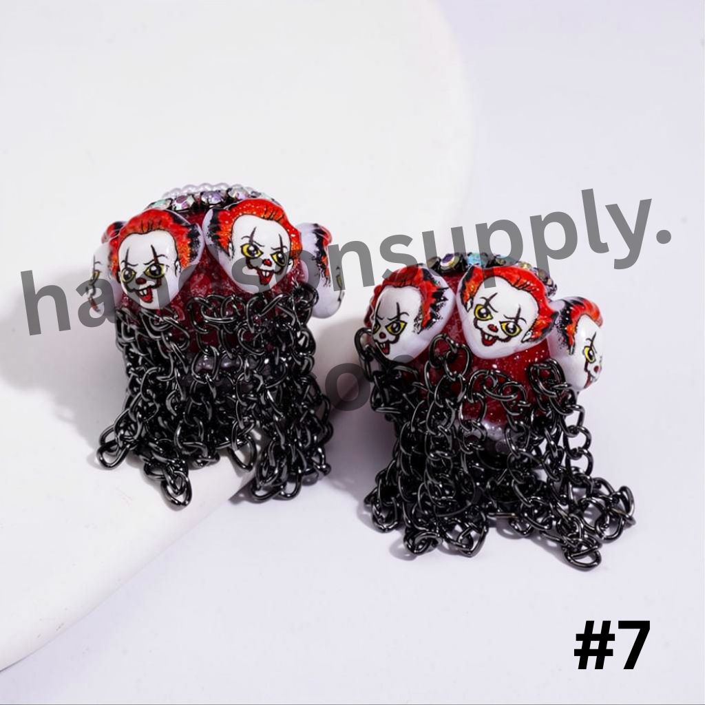 Horror Character with Black Tassel Chains White Pearls & AB Rhinestones Handmade Acrylic Beads