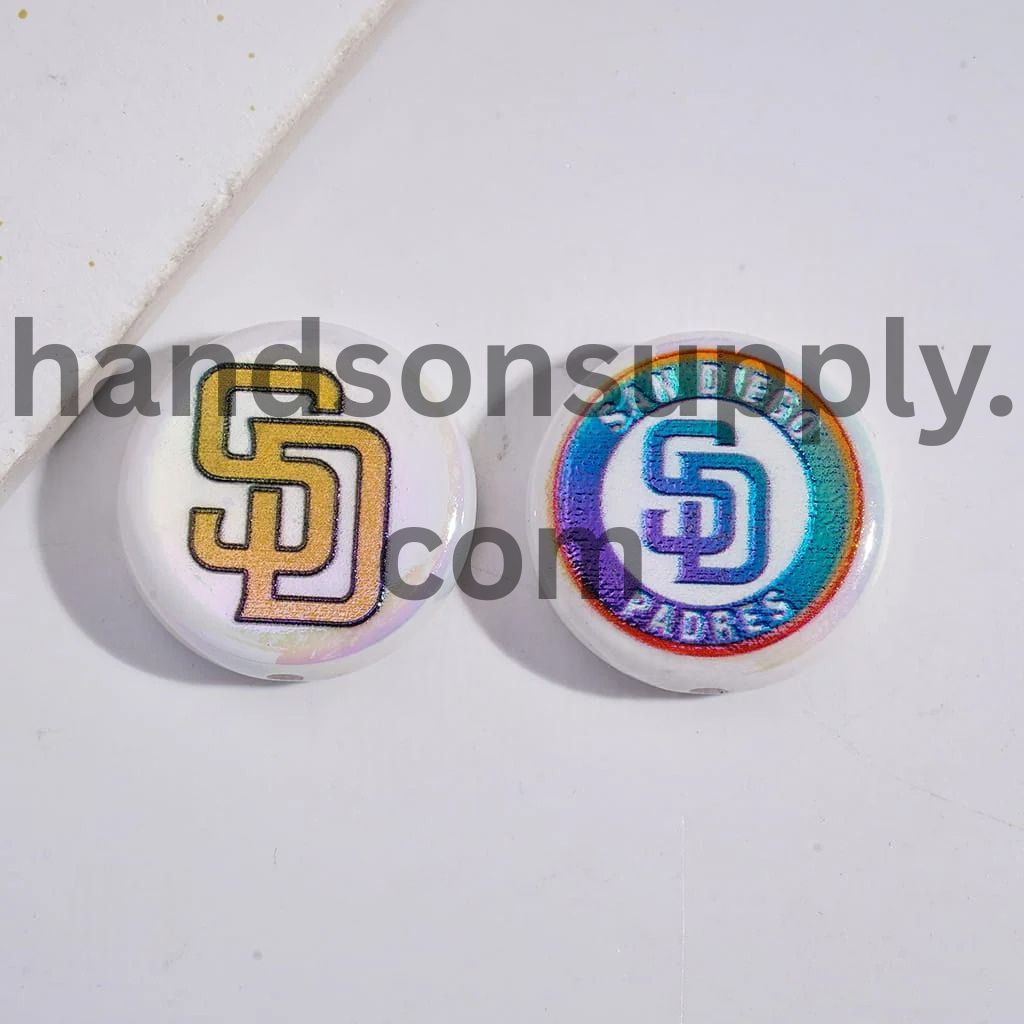UV Coating with Sports American Baseball Series Acrylic Beads, Around 24MM, Flat Round Shape