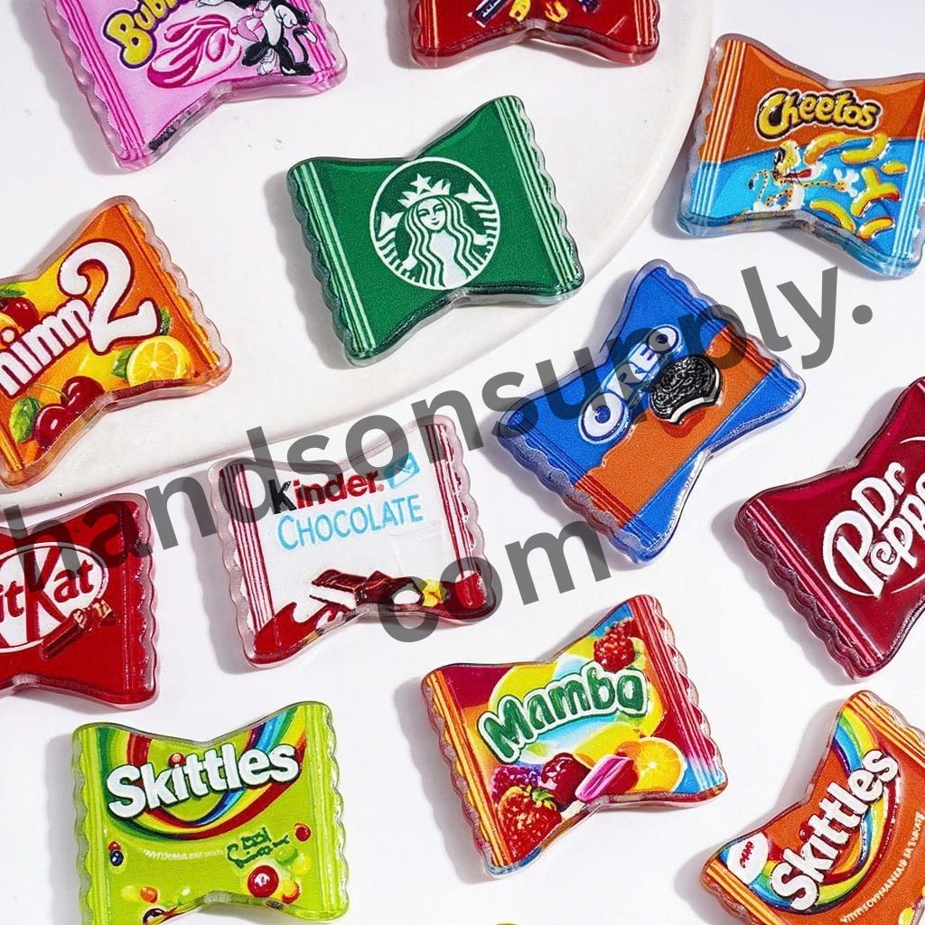 Colorful Sweet Candy, Chocolate Chip, Coffee & Cookie Packaging Bag Style Acrylic Beads, 24*29MM, Random Mix