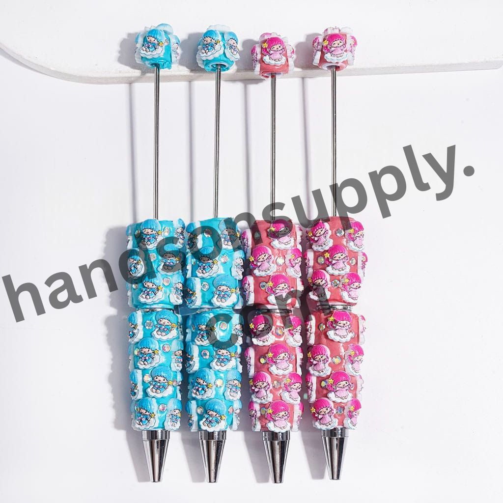Pink and Blue Twin Star Character with White Cloud and Sparkling AB Rhinestone Beadable Clay Pen