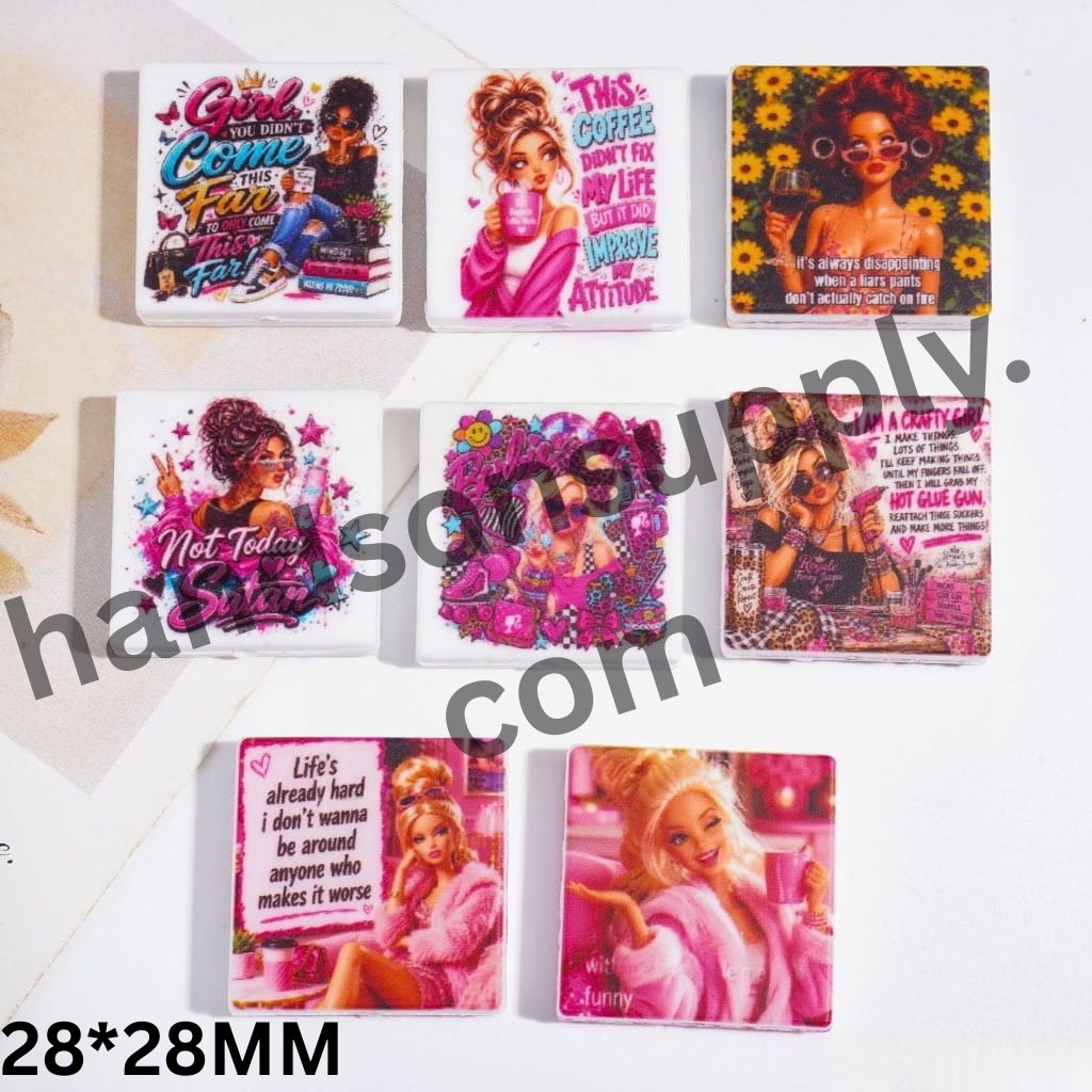 Diverse Style Fashion Doll Characters with Text & Floral Motifs Flat Square Shape Silicone Focal Beads, 28*28MM, Random Mix