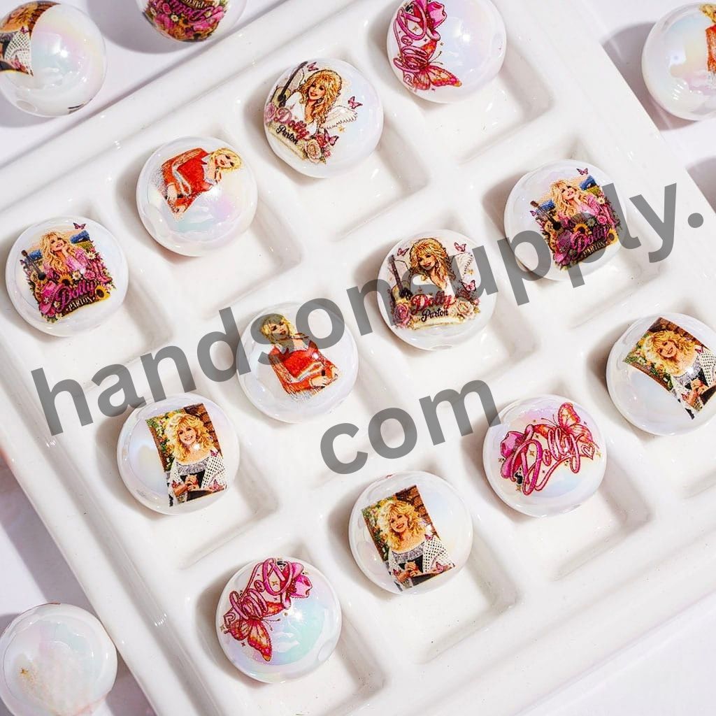 UV-Coated Rustic American Countryside Singer Character Printed Round Acrylic Beads for Bracelets, 16MM, Random Mix