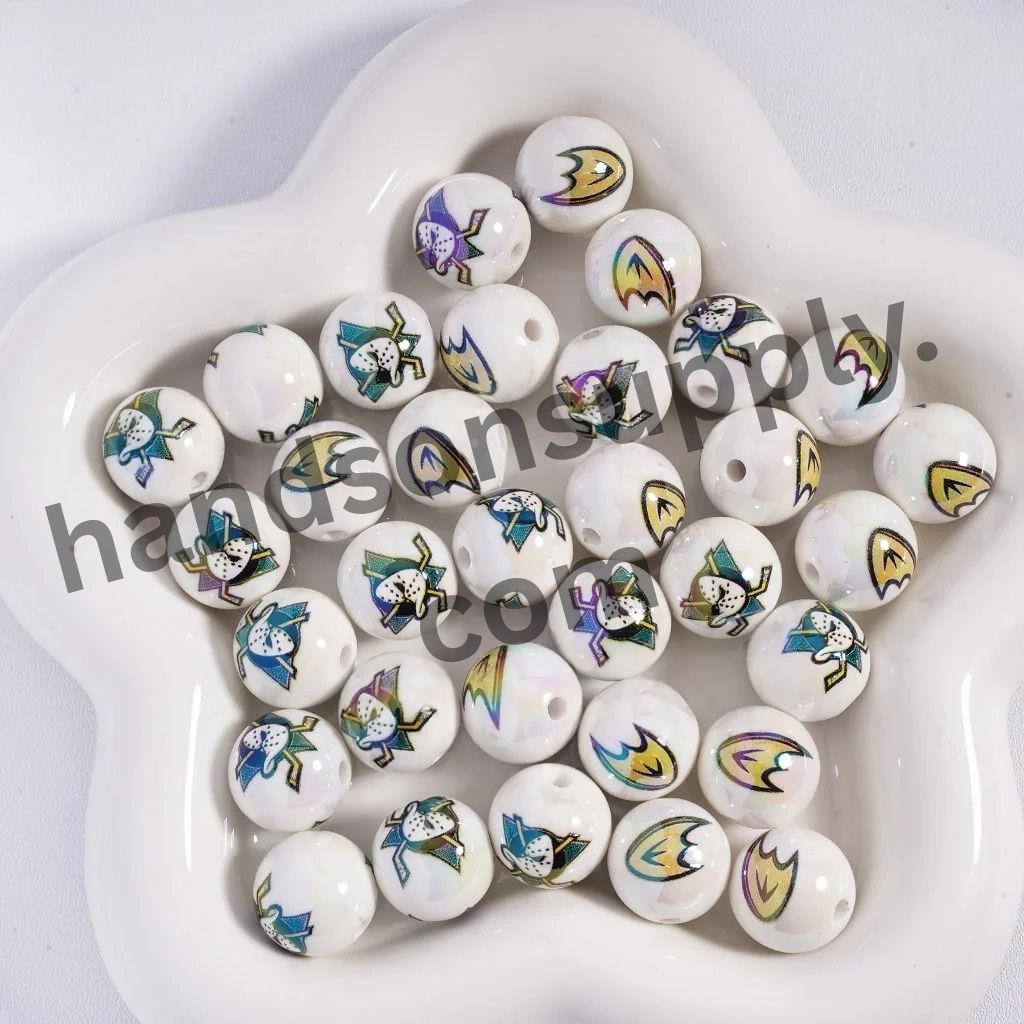 Round with UV Coating Ice Hockey Team Pattern Acrylic Beads for Bracelets, 16MM