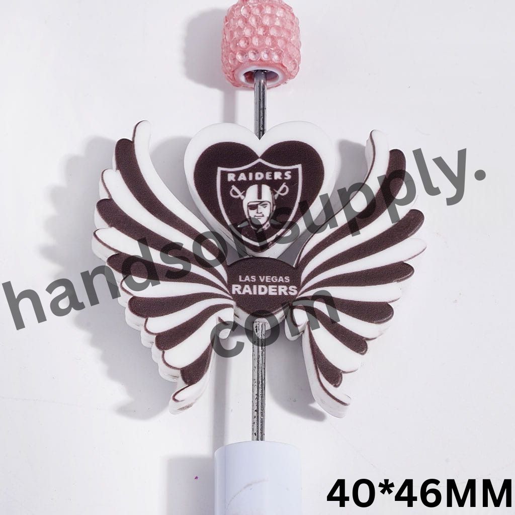 Las Vegas American Football Team Logo Printed Heart and Wing-Shaped Silicone Focal Beads Set, 40*46MM