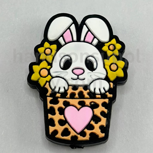 Cute Bunny with Yellow Flower Basket and Pink Heart Design Silicone Focal Beads