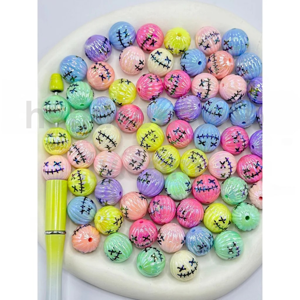 Skeleton Couple Face Pumpkin UV Finish Round 16MM Random Mix Acrylic Beads