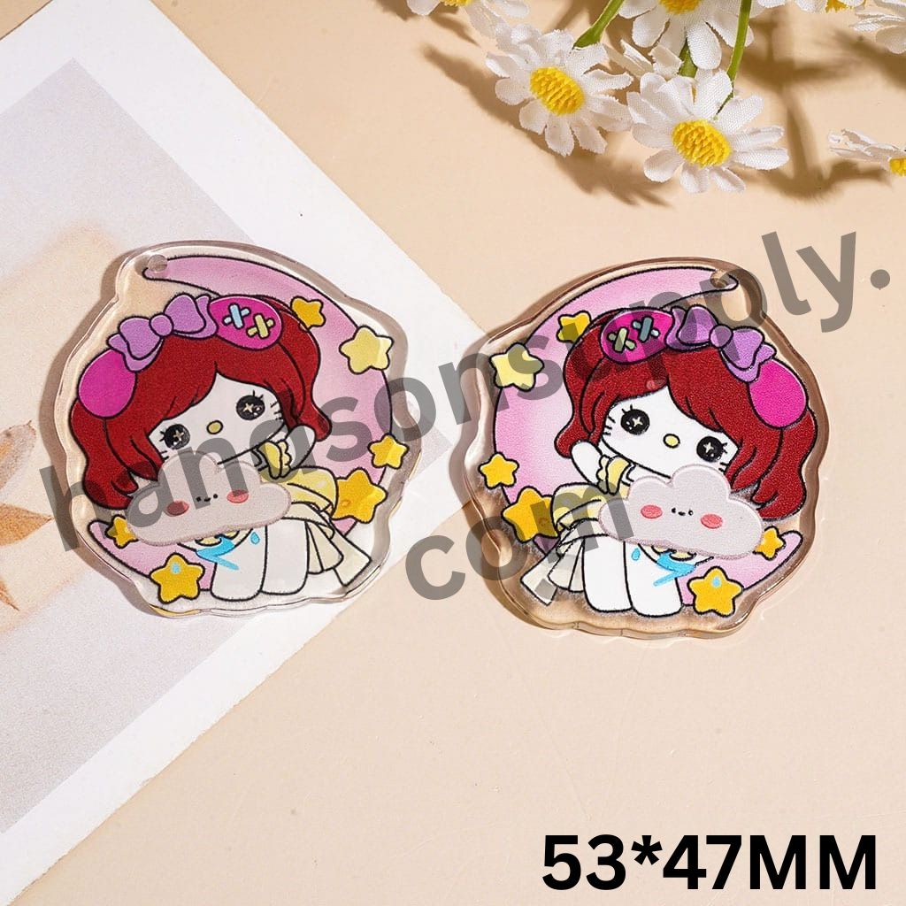 Adorable Pink-Haired Bow Girl Sitting on Crescent Moon with Smiling Cloud Character & Stars Acrylic Pendants, 53*47MM