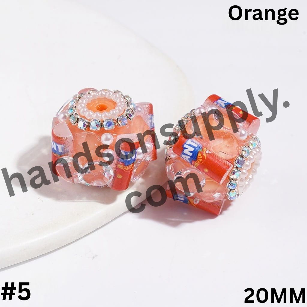 UV-Coated Famous Soft Drink Can Design with Large Cone-Shaped Rhinestones, AB Rhinestones & White Pearl Chains Handmade Acrylic Sugar Beads, 20MM, Multicolor