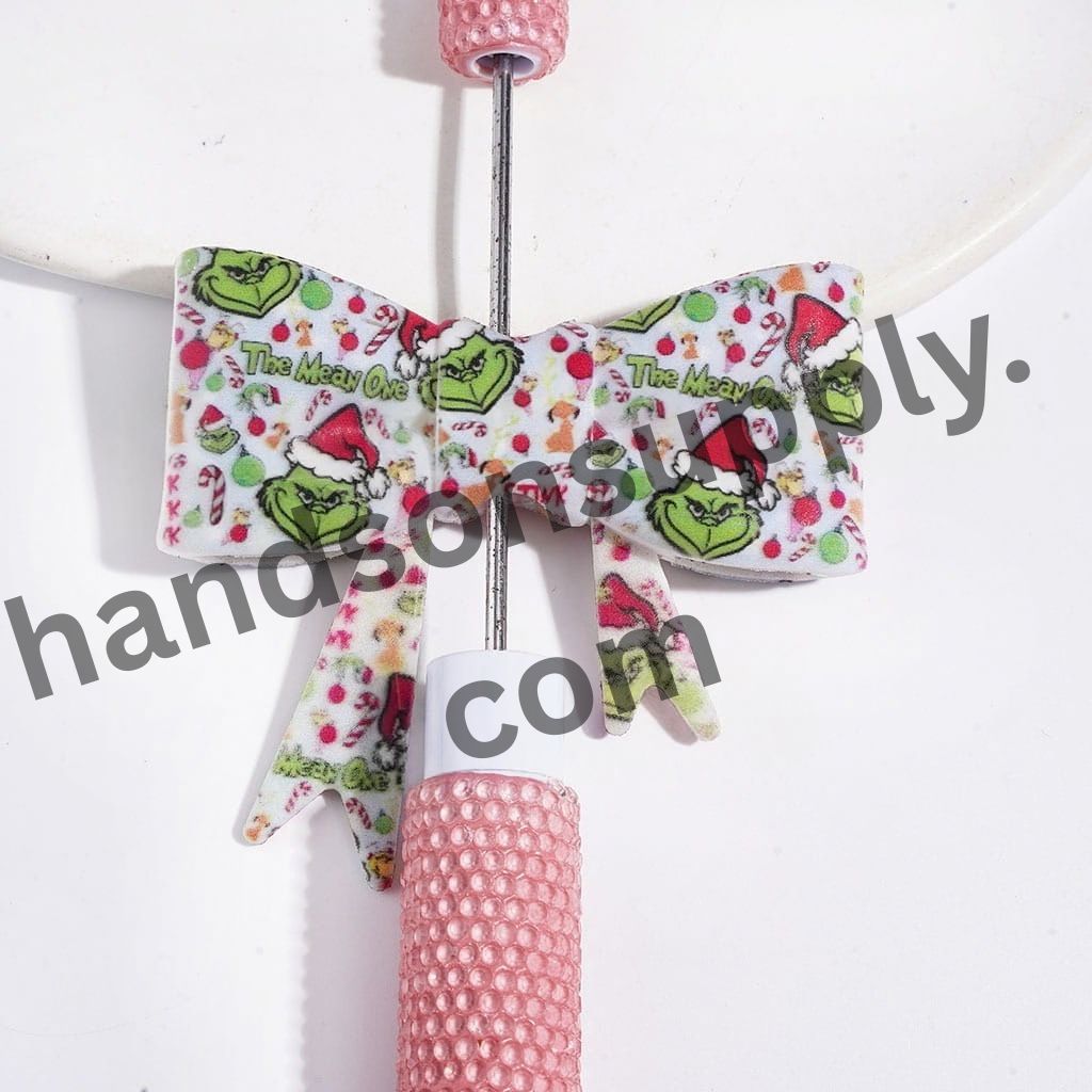 UV-Printed Christmas Green Character with Candy Cane & Balloon Design on Light Blue Bowtie Shape Silicone Focal Beads, 53*59MM