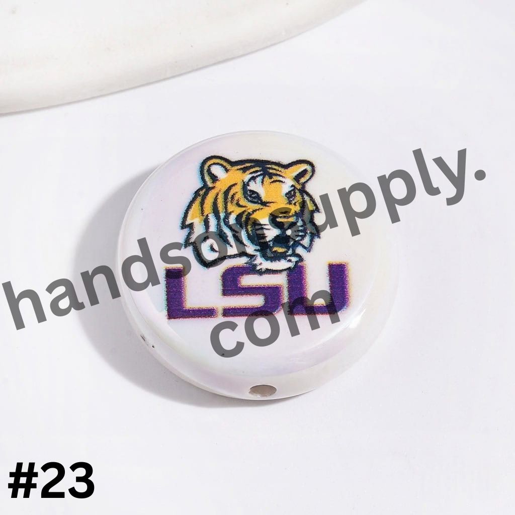 UV-Coated American College Sports Football Team Logo Series Flat Round Acrylic Beads, 23MM