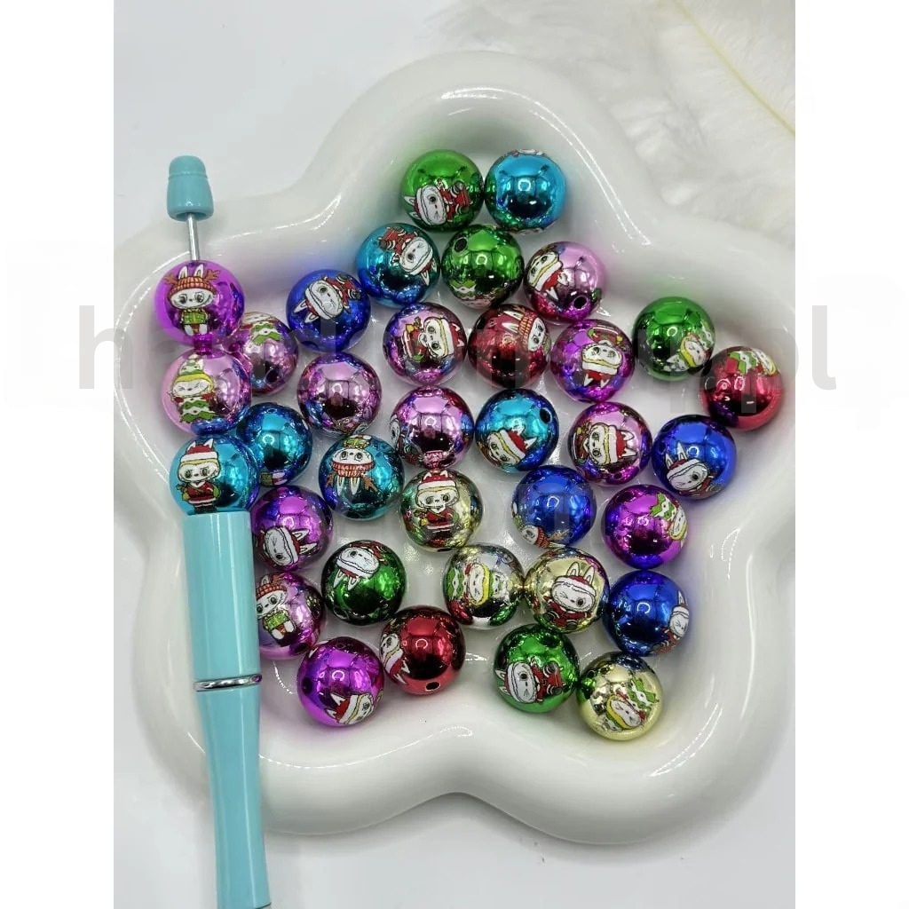 Colorful Bunny with Red Christmas Hat Round 16MM Mix Glossy Acrylic Beads