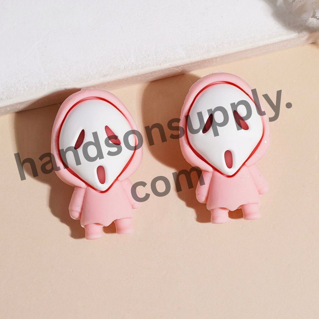 3D White Horror Mask Ghost Character Silicone Focal Beads with Silver Glitter Cloak, Halloween Theme, 30MM
