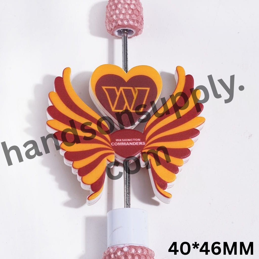 Washington American Football Team Logo Designs with Printed Heart and Wing Shapes Silicone Focal Beads Set, 40*46MM